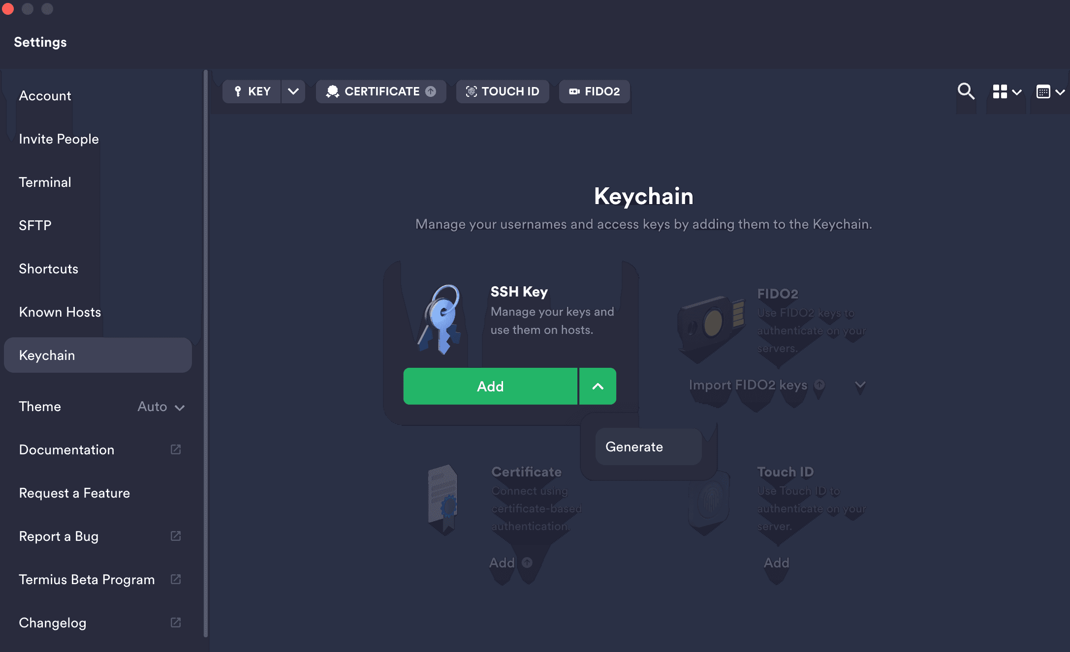 Keychain Settings in Termius